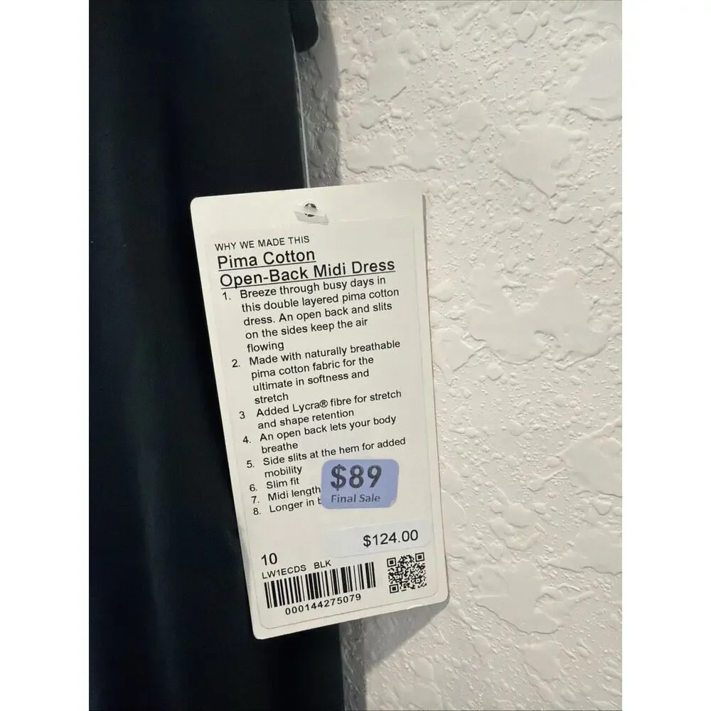 Lululemon NWT Pima Cotton Open Back Midi Dress Black Size 10
